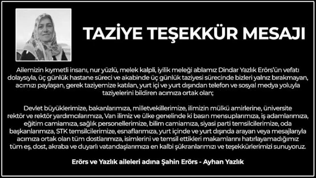 Erörs ve Yazlık ailelerinden taziye teşekkür mesajı