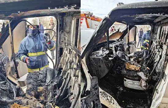 Van'da park halindeki kamyonet alev alev yandı